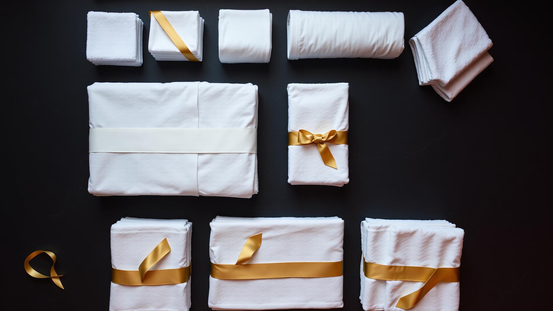 Luxury folded white linens with gold ribbons