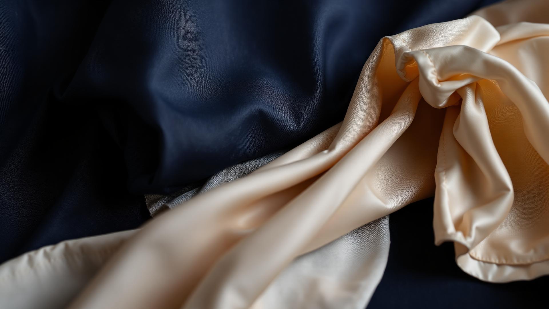 Luxury silk and linen fabrics on dark navy
